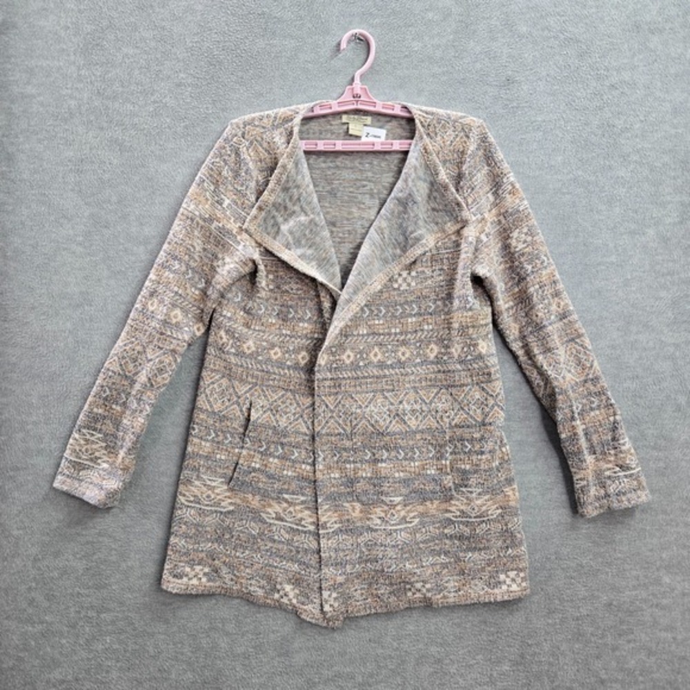 Lucky Brand Women Cardigan L Beige‎ Geometric Aztec West Linen Blend Open Front